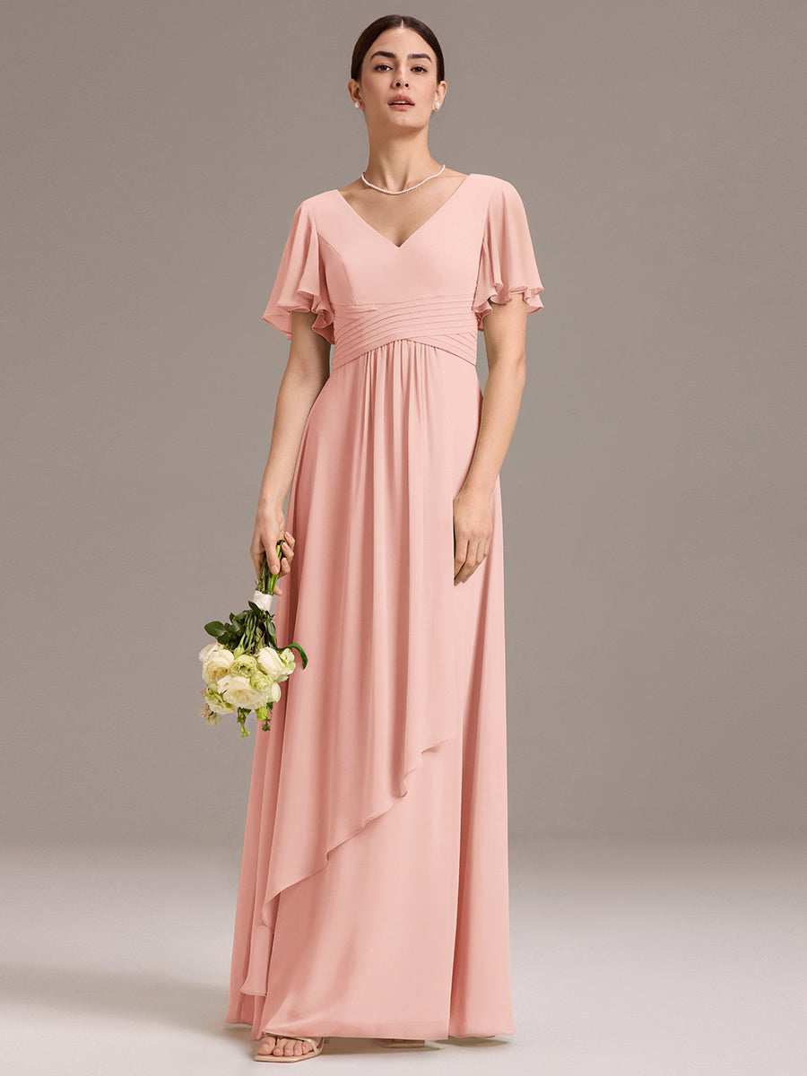 Robe de demoiselle d'honneur en mousseline à col en V et ourlet asymétrique #Couleur_Rose