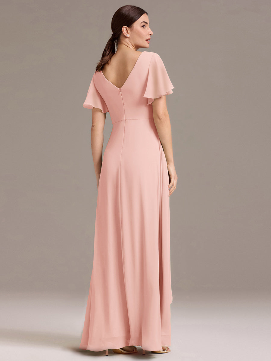 Robe de demoiselle d'honneur en mousseline à col en V et ourlet asymétrique #Couleur_Rose