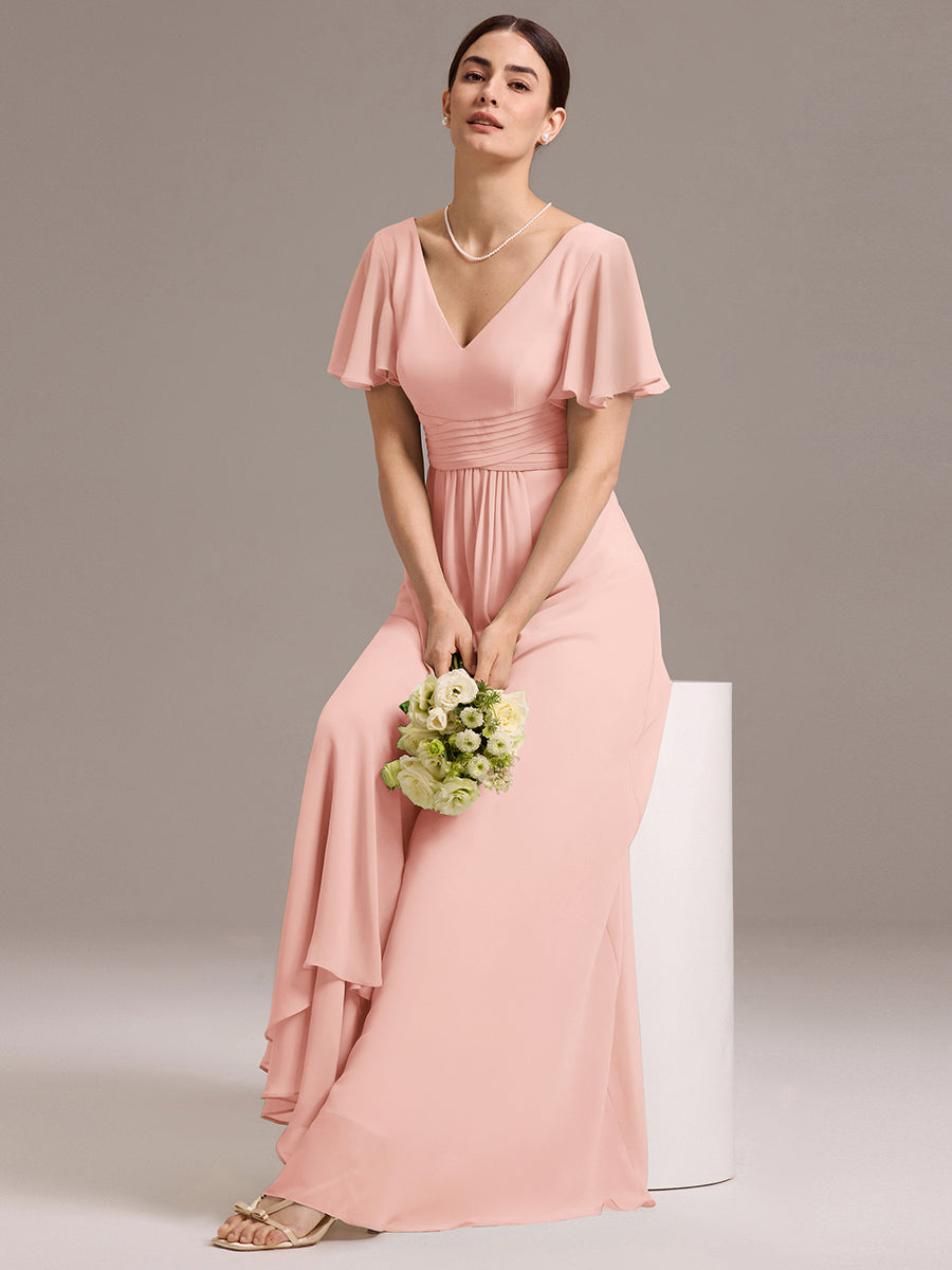 Robe de demoiselle d'honneur en mousseline à col en V et ourlet asymétrique #Couleur_Rose