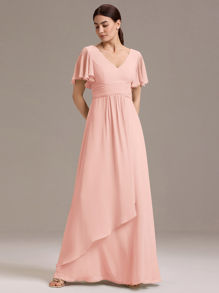 Robe de demoiselle d'honneur en mousseline à col en V et ourlet asymétrique #Couleur_Rose
