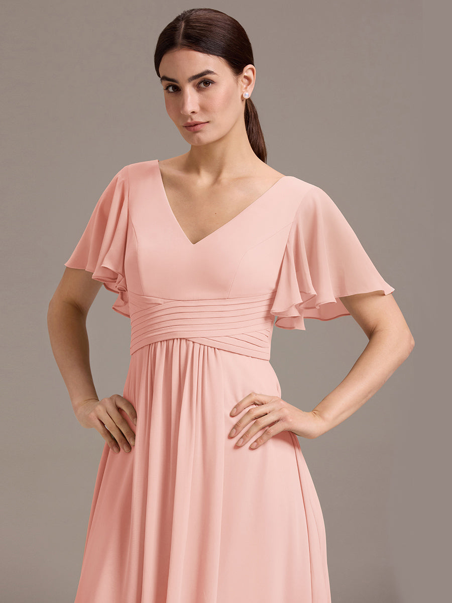Robe de demoiselle d'honneur en mousseline à col en V et ourlet asymétrique #Couleur_Rose