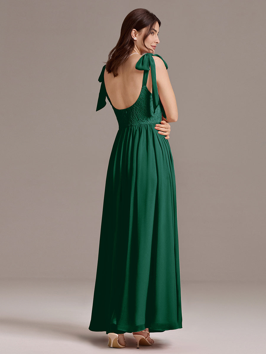 Robe de demoiselle d'honneur en mousseline de soie et dentelle à dos nu #Couleur_Vert Fonce