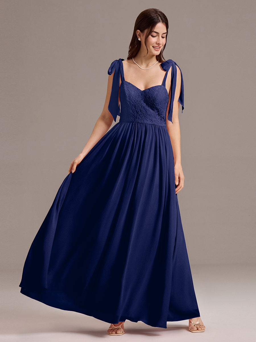Robe de demoiselle d'honneur en mousseline de soie et dentelle à dos nu #Couleur_Bleu Marine