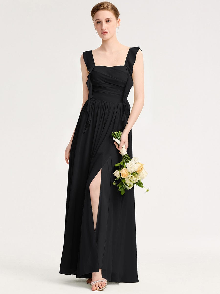 Robe d'invité de mariage trapèze en mousseline fluide à encolure ronde et longueur au genou #Couleur_Noir