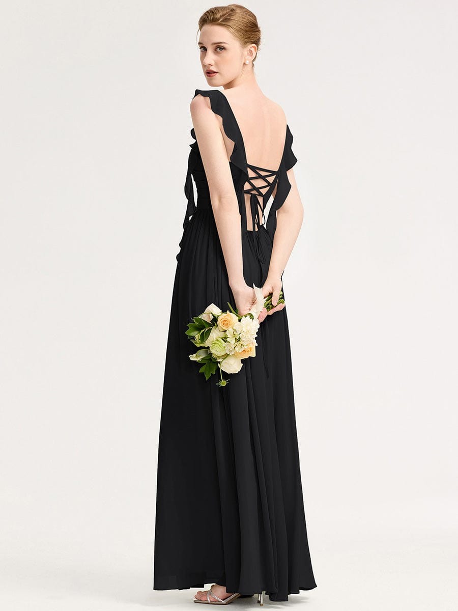 Robe d'invité de mariage trapèze en mousseline fluide à encolure ronde et longueur au genou #Couleur_Noir