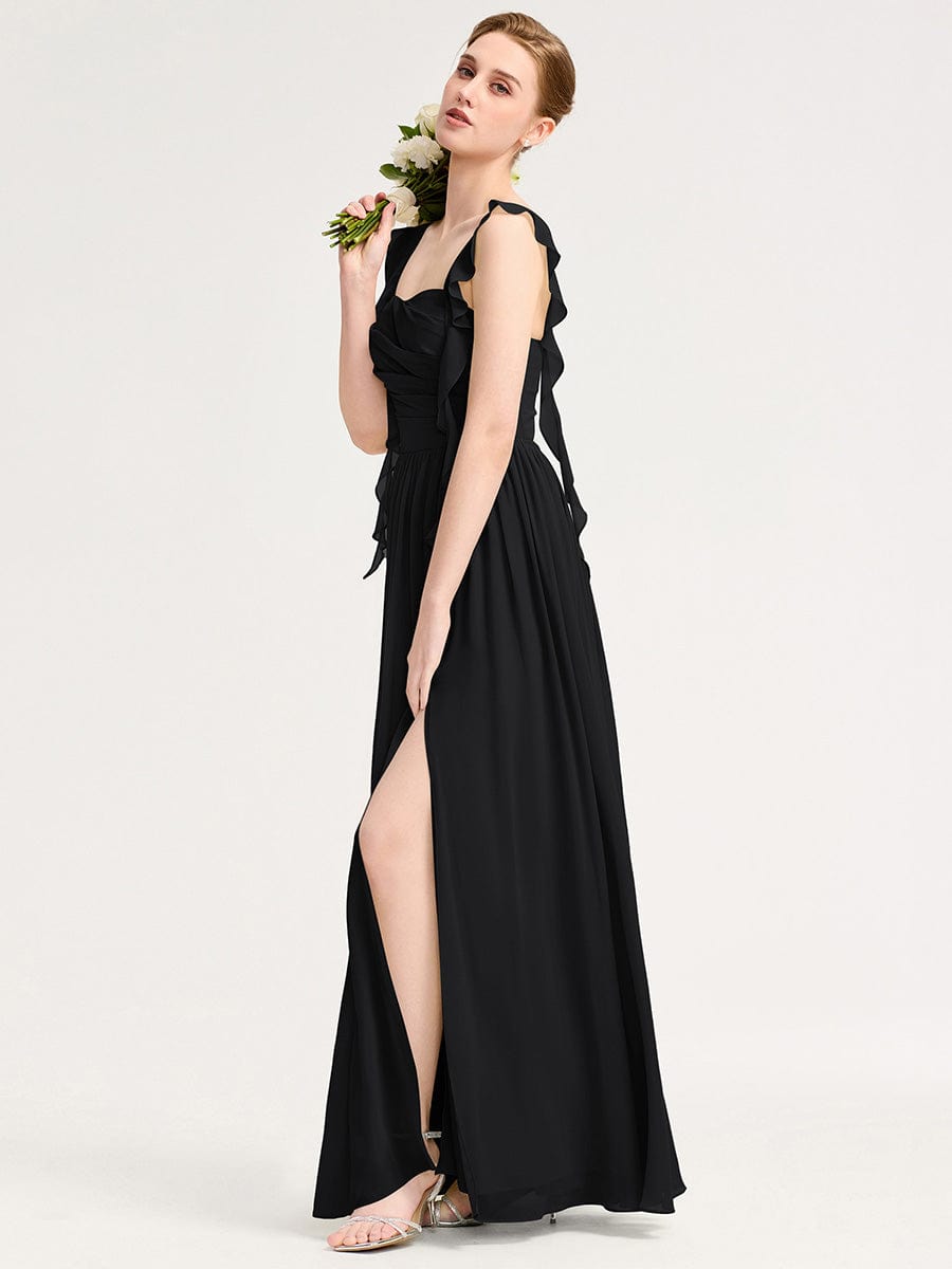 Robe d'invité de mariage trapèze en mousseline fluide à encolure ronde et longueur au genou #Couleur_Noir