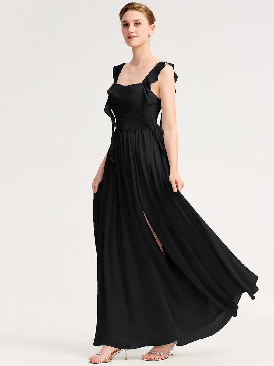 Robe d'invité de mariage trapèze en mousseline fluide à encolure ronde et longueur au genou #Couleur_Noir