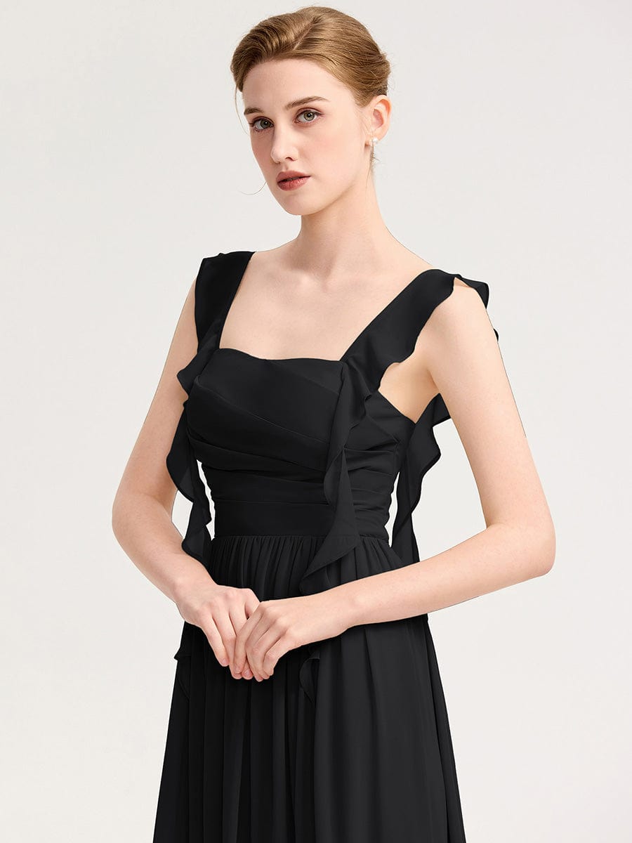 Robe d'invité de mariage trapèze en mousseline fluide à encolure ronde et longueur au genou #Couleur_Noir