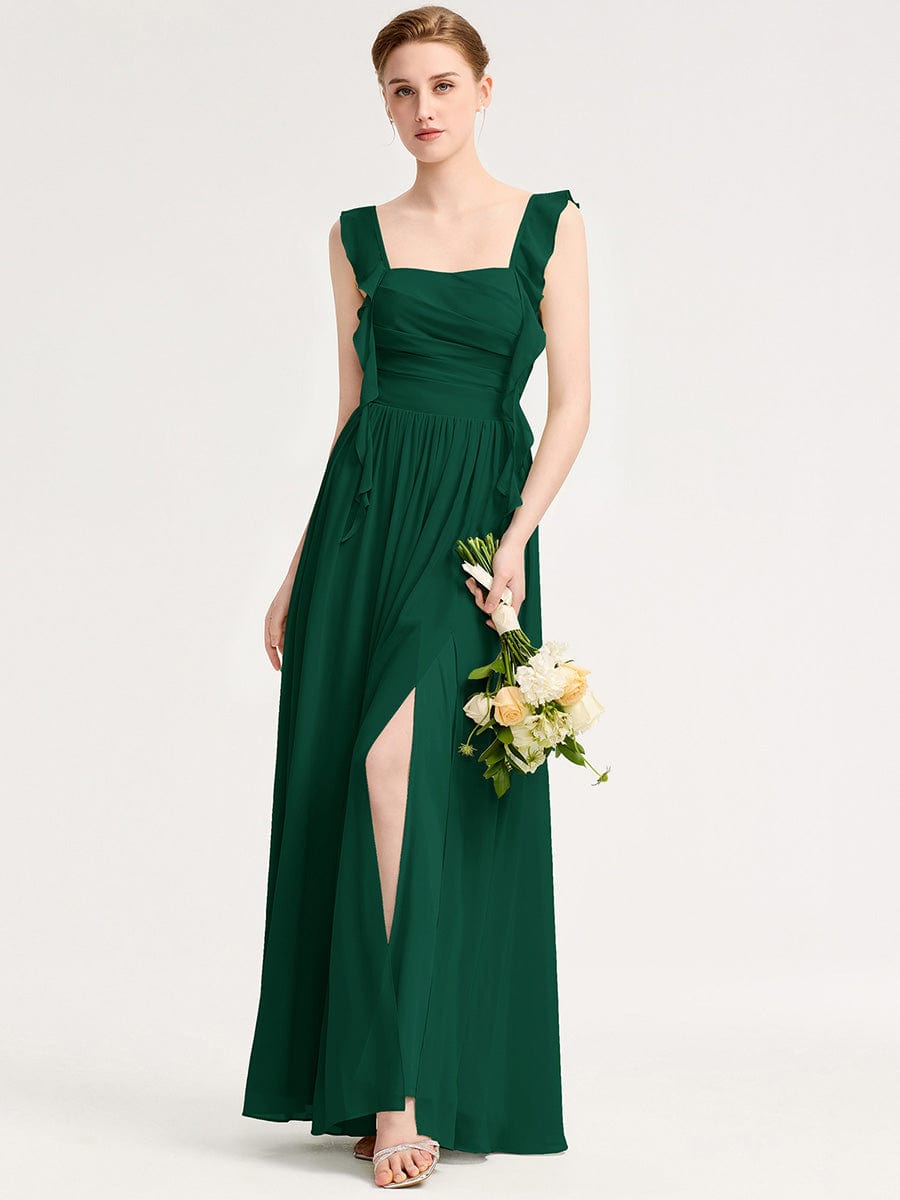 Robe d'invité de mariage trapèze en mousseline fluide à encolure ronde et longueur au genou #Couleur_Vert Fonce