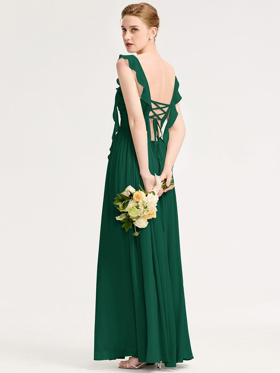 Robe d'invité de mariage trapèze en mousseline fluide à encolure ronde et longueur au genou #Couleur_Vert Fonce