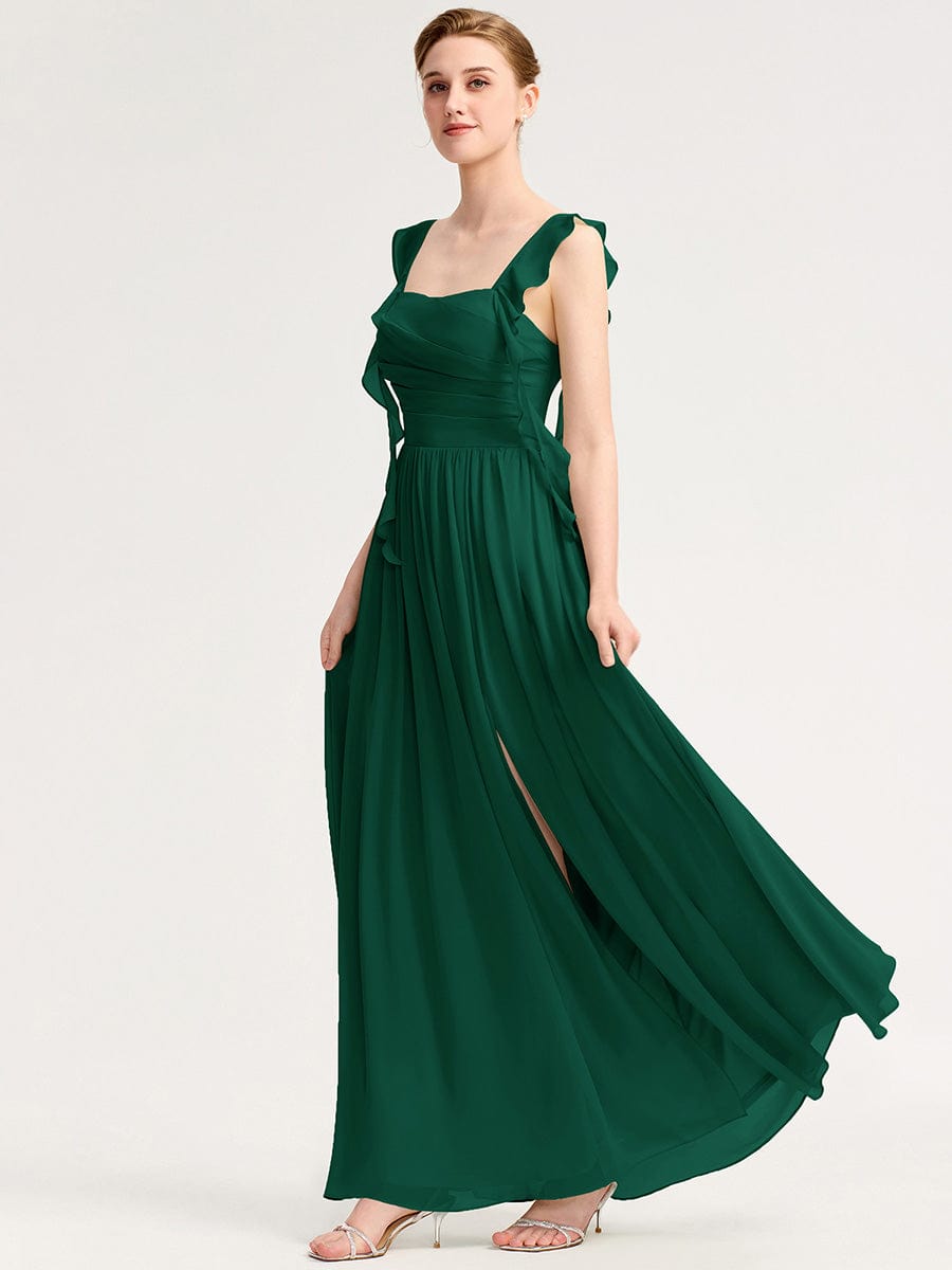 Robe d'invité de mariage trapèze en mousseline fluide à encolure ronde et longueur au genou #Couleur_Vert Fonce