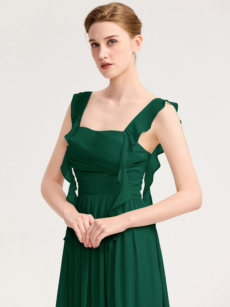 Robe d'invité de mariage trapèze en mousseline fluide à encolure ronde et longueur au genou #Couleur_Vert Fonce