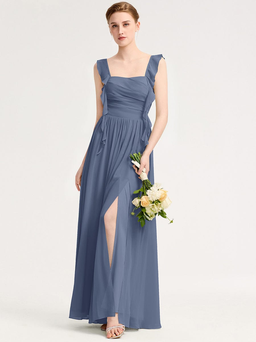 Robe d'invité de mariage trapèze en mousseline fluide à encolure ronde et longueur au genou #Couleur_Marine Fume