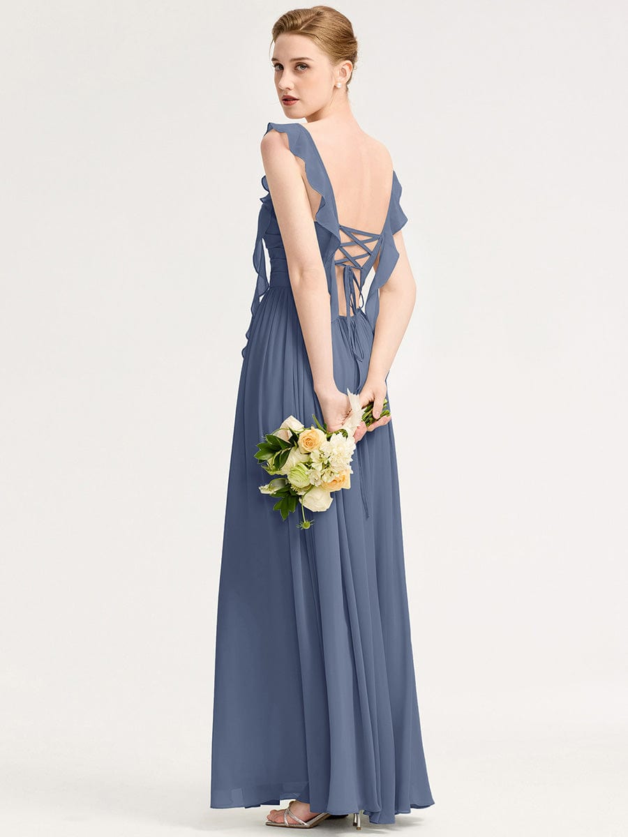 Robe d'invité de mariage trapèze en mousseline fluide à encolure ronde et longueur au genou #Couleur_Marine Fume