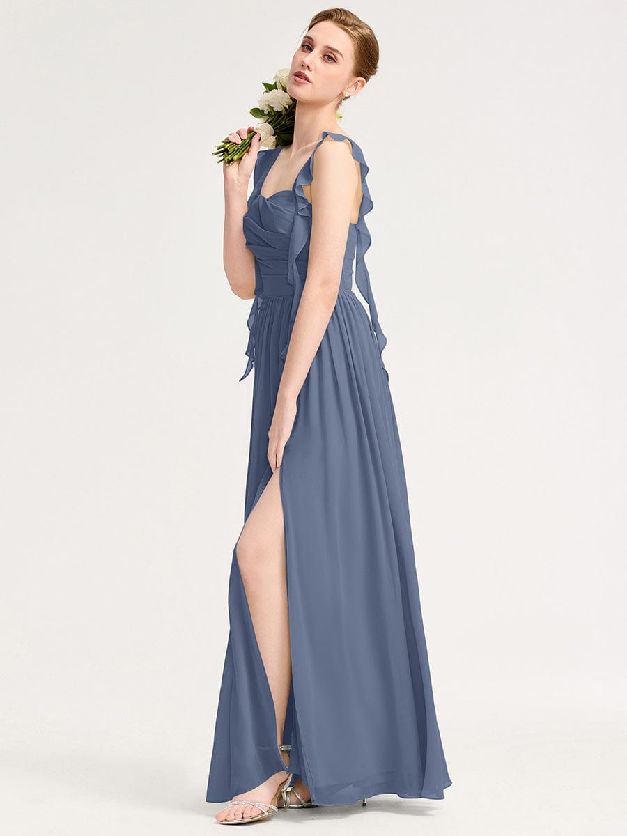 Robe d'invité de mariage trapèze en mousseline fluide à encolure ronde et longueur au genou #Couleur_Marine Fume