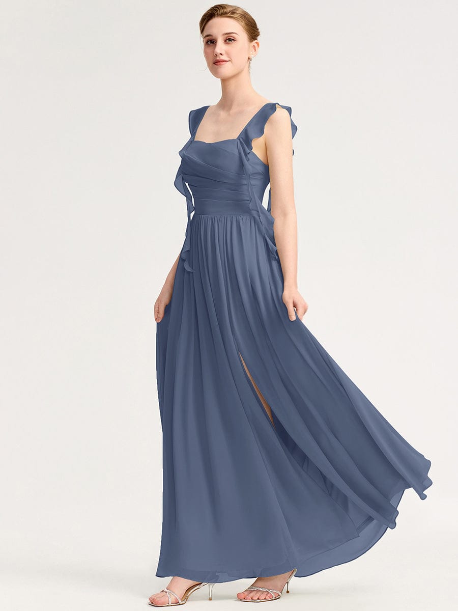 Robe d'invité de mariage trapèze en mousseline fluide à encolure ronde et longueur au genou #Couleur_Marine Fume