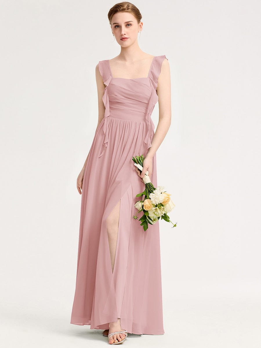 Robe d'invité de mariage trapèze en mousseline fluide à encolure ronde et longueur au genou #Couleur_Rose fumee