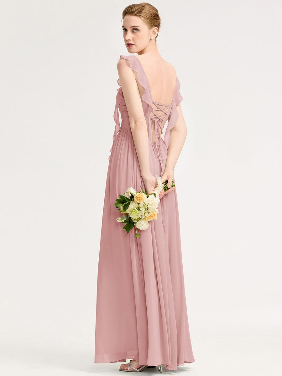 Robe d'invité de mariage trapèze en mousseline fluide à encolure ronde et longueur au genou #Couleur_Rose fumee
