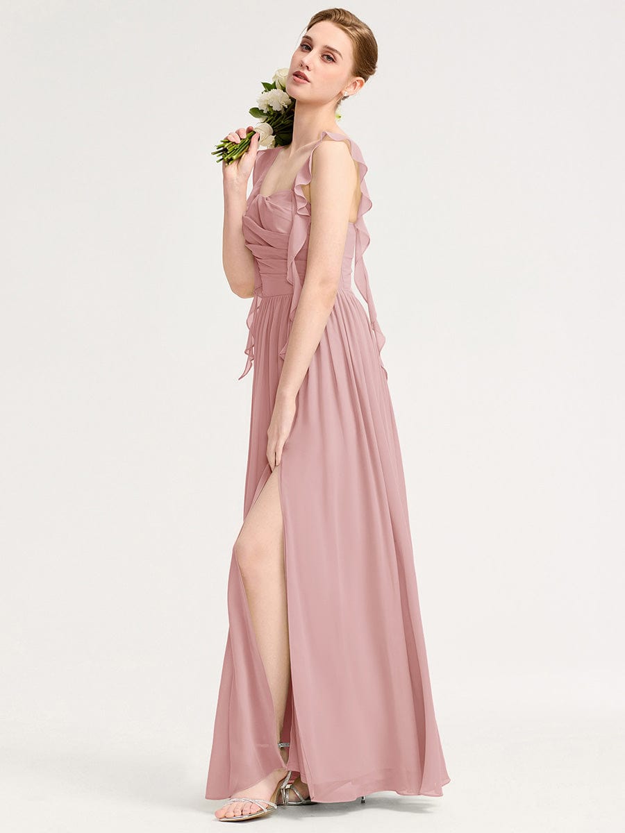 Robe d'invité de mariage trapèze en mousseline fluide à encolure ronde et longueur au genou #Couleur_Rose fumee