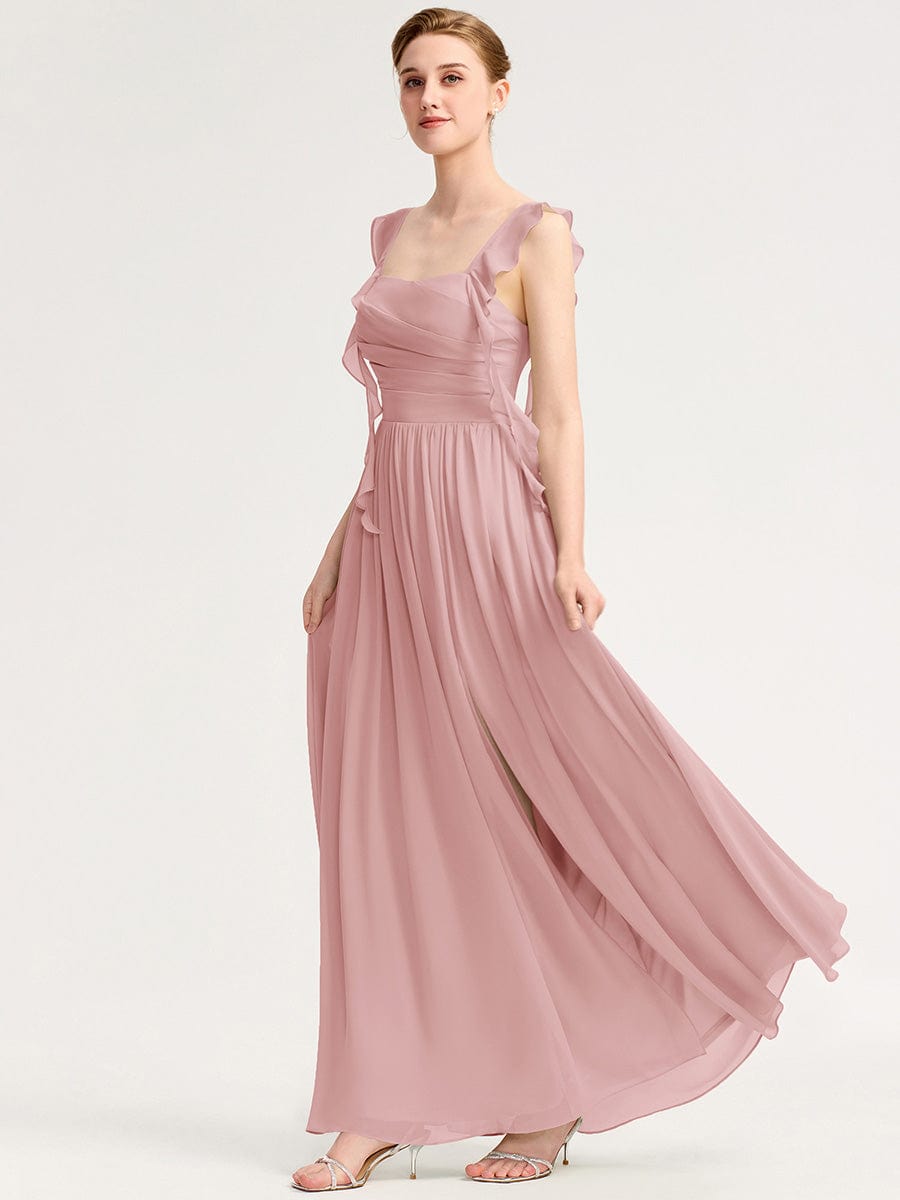 Robe d'invité de mariage trapèze en mousseline fluide à encolure ronde et longueur au genou #Couleur_Rose fumee