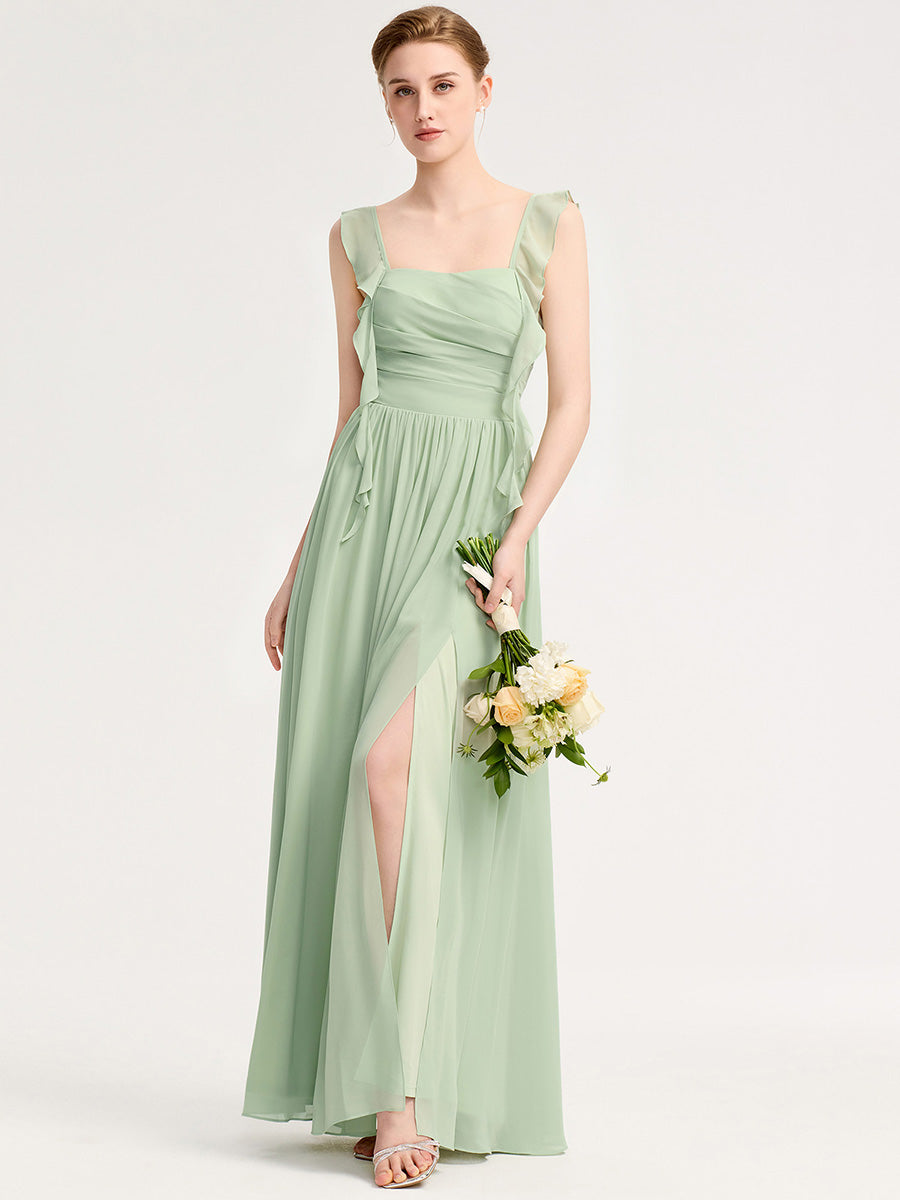 Robe d'invité de mariage trapèze en mousseline fluide à encolure ronde et longueur au genou #Couleur_Menthe Verte