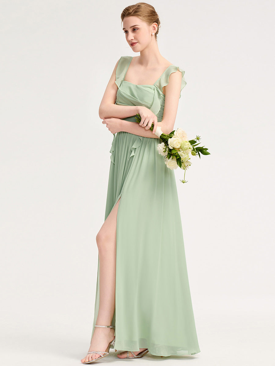 Robe d'invité de mariage trapèze en mousseline fluide à encolure ronde et longueur au genou #Couleur_Menthe Verte
