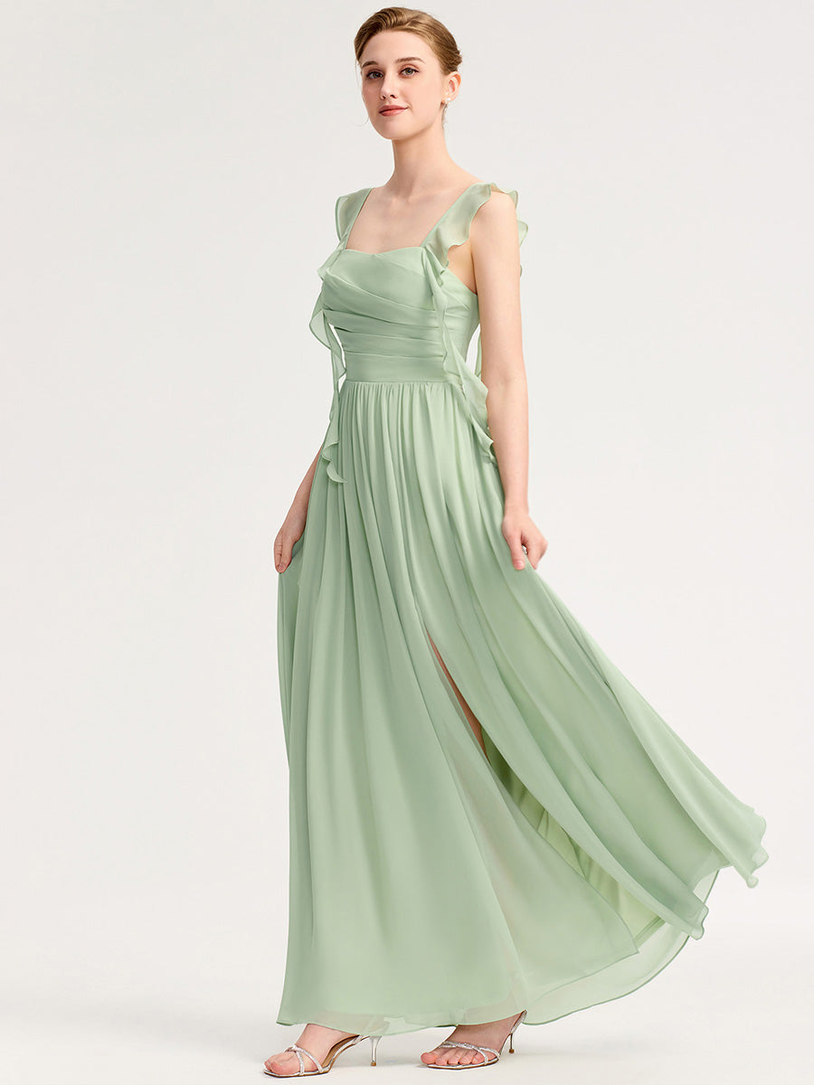 Robe d'invité de mariage trapèze en mousseline fluide à encolure ronde et longueur au genou #Couleur_Menthe Verte