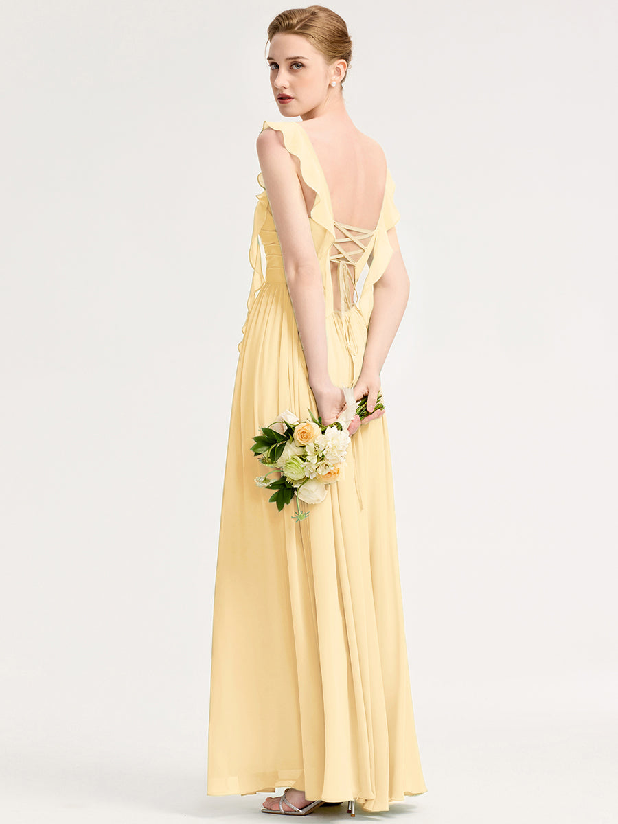 Robe d'invité de mariage trapèze en mousseline fluide à encolure ronde et longueur au genou #Couleur_Jaune