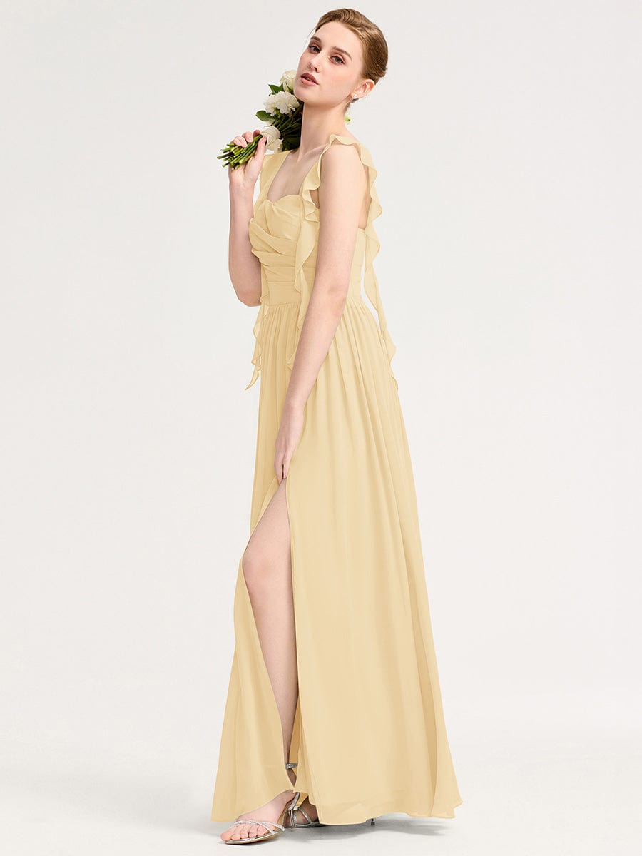 Robe d'invité de mariage trapèze en mousseline fluide à encolure ronde et longueur au genou #Couleur_Jaune