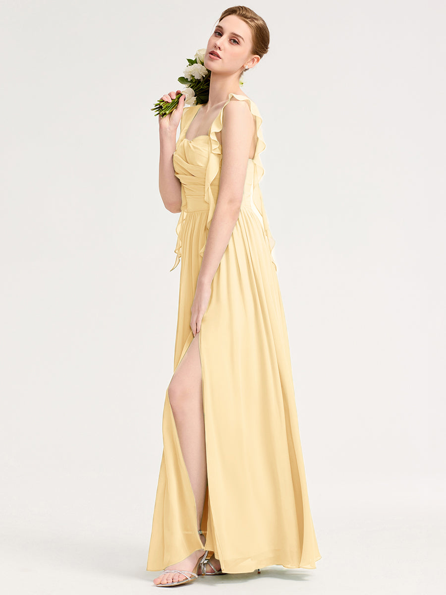 Robe d'invité de mariage trapèze en mousseline fluide à encolure ronde et longueur au genou #Couleur_Jaune