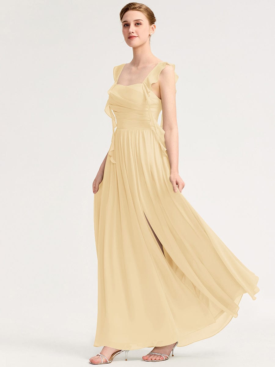 Robe d'invité de mariage trapèze en mousseline fluide à encolure ronde et longueur au genou #Couleur_Jaune