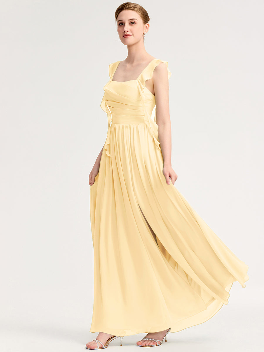 Robe d'invité de mariage trapèze en mousseline fluide à encolure ronde et longueur au genou #Couleur_Jaune