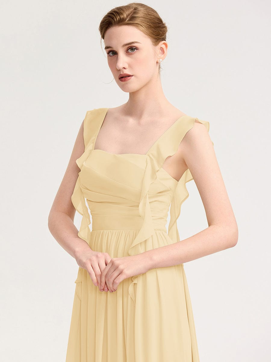 Robe d'invité de mariage trapèze en mousseline fluide à encolure ronde et longueur au genou #Couleur_Jaune