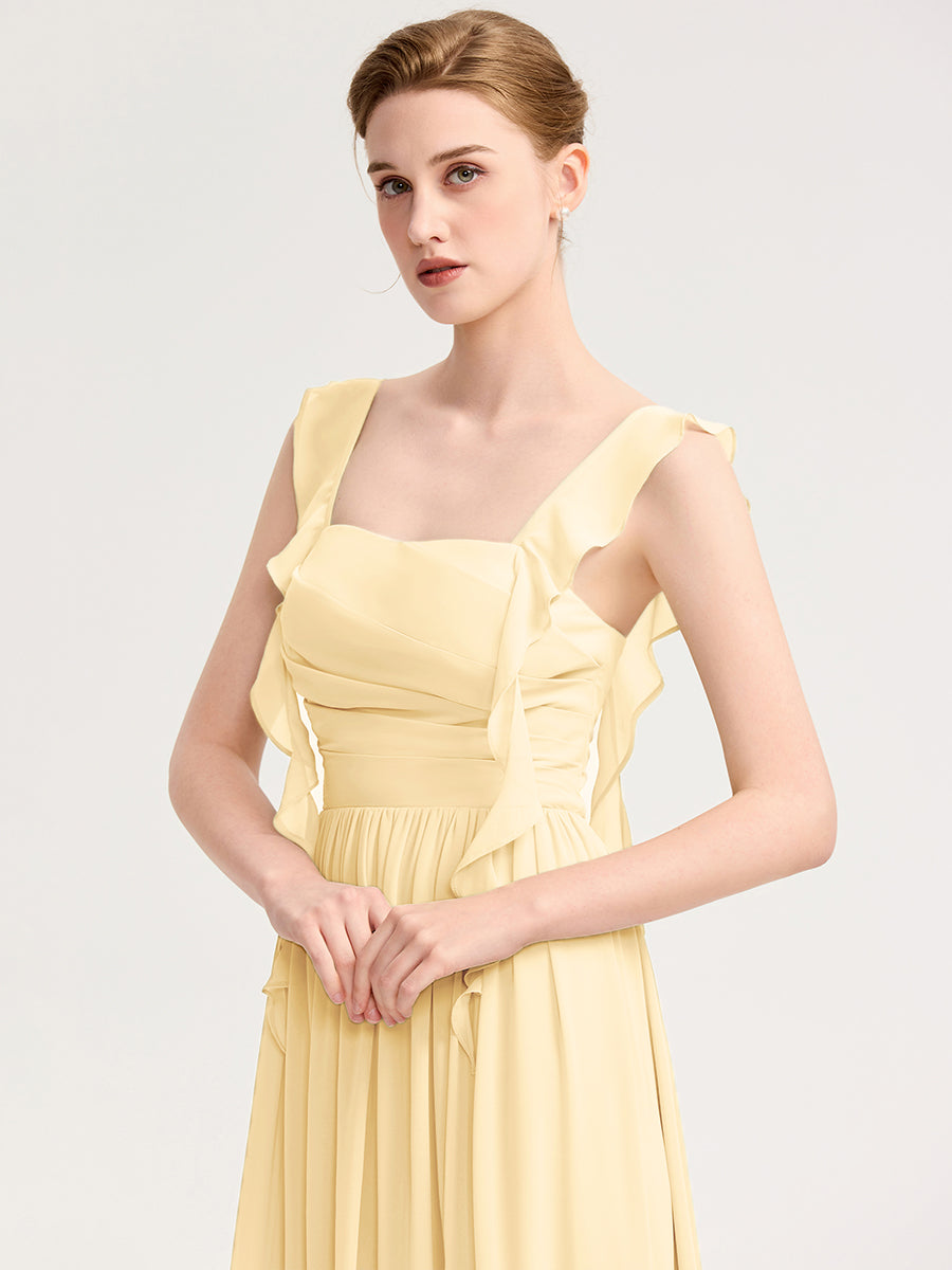 Robe d'invité de mariage trapèze en mousseline fluide à encolure ronde et longueur au genou #Couleur_Jaune