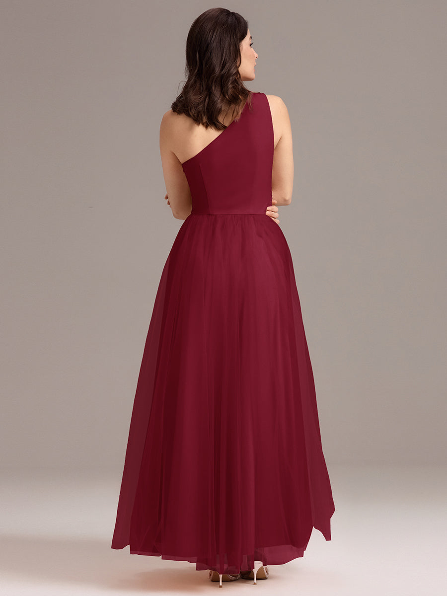Robe de demoiselle d'honneur trapèze asymétrique en tulle à volants #Couleur_Bordeaux