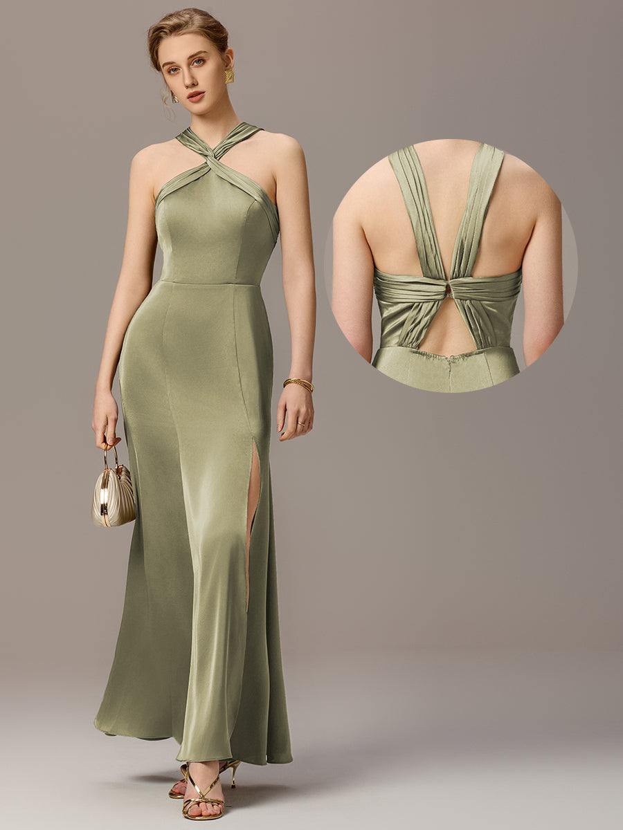Robe moulante en satin dos nu avec découpe au dos #Couleur_Vert sauge