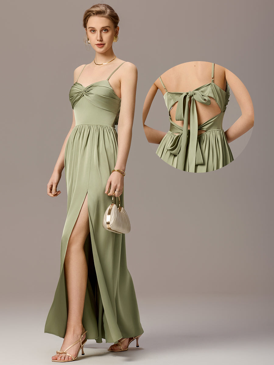 Robe de demoiselle d'honneur sans manches coupe A avec liens creux dans le dos #Couleur_Vert sauge