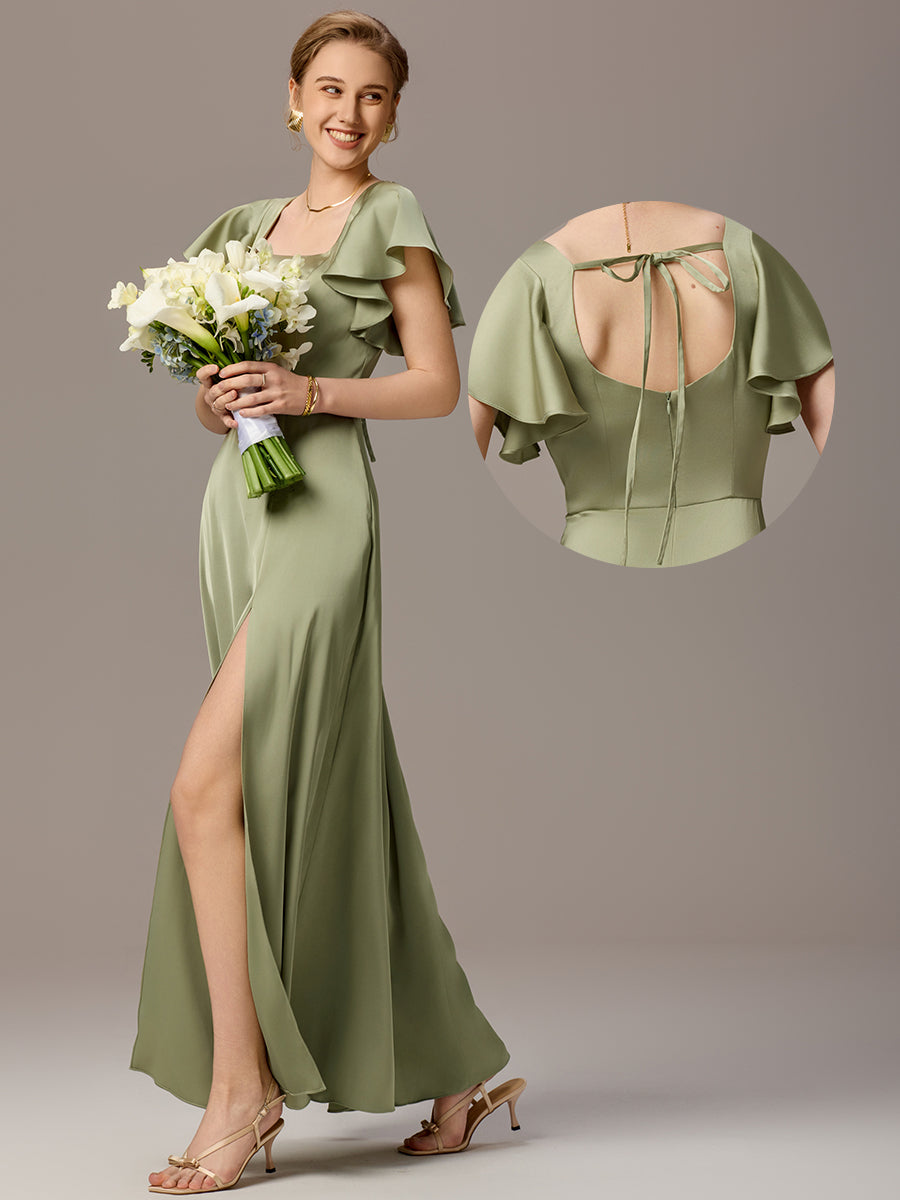Robe de demoiselle d'honneur en satin à manches volantées et fentes sur le devant #Couleur_Vert sauge