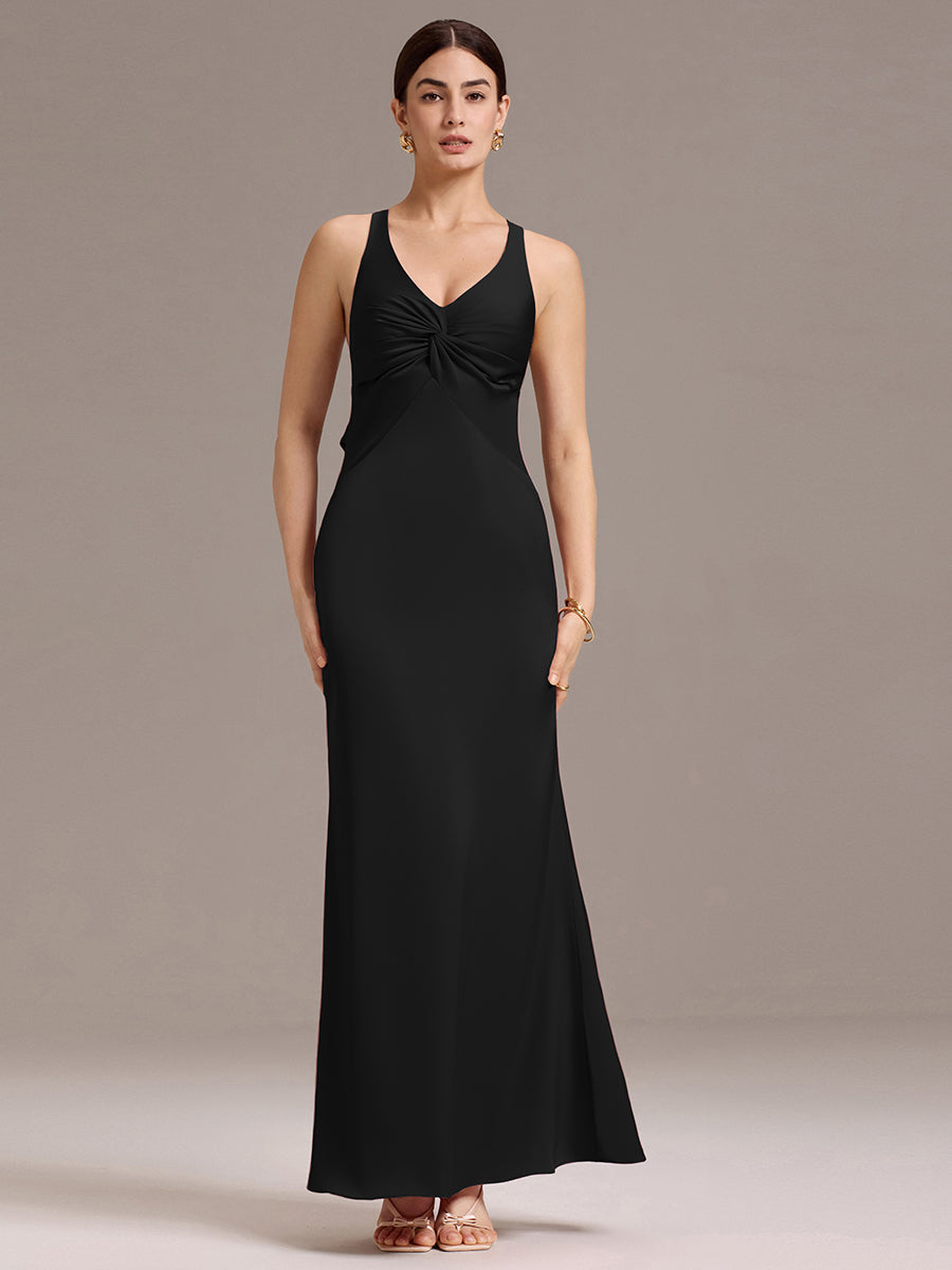 Robe de demoiselle d'honneur longue en satin avec nœud papillon croisé dans le dos #Couleur_Noir