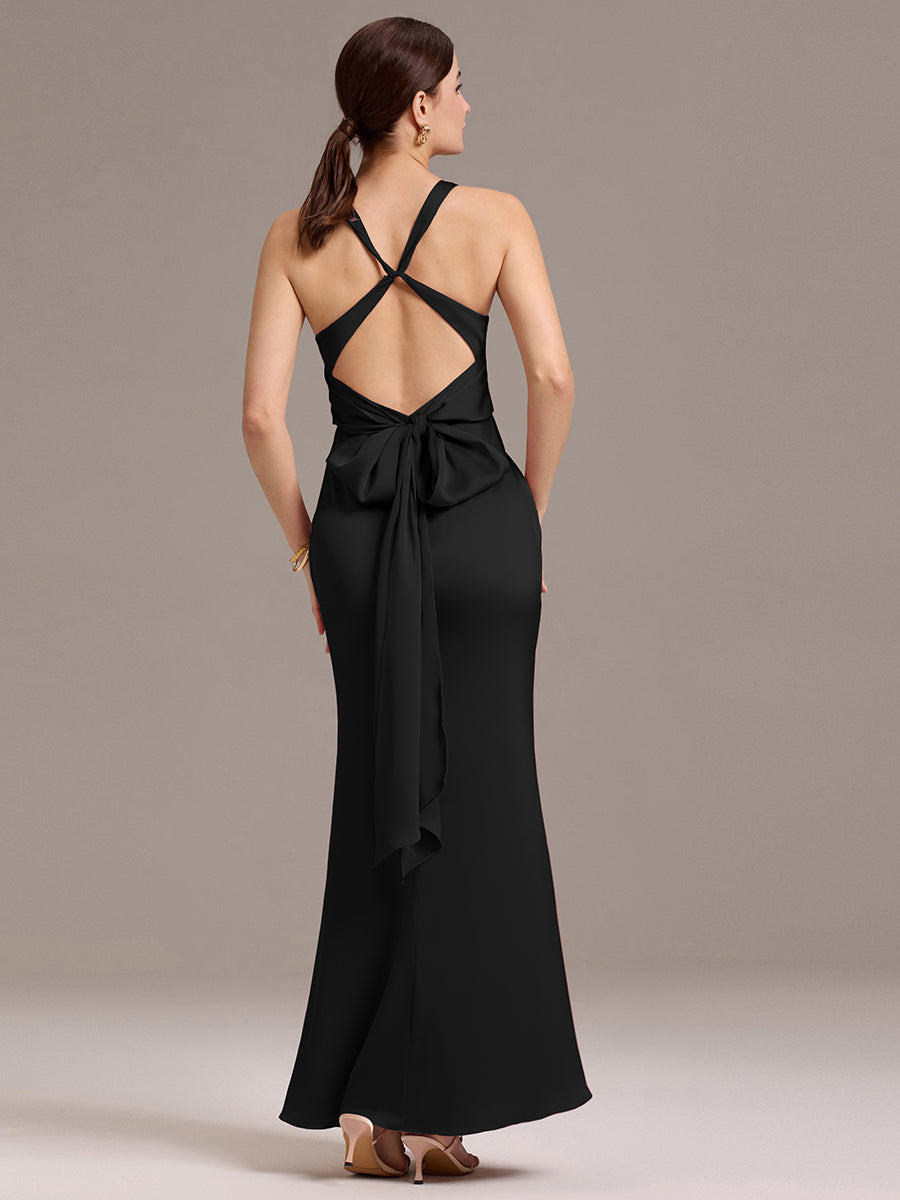 Robe de demoiselle d'honneur longue en satin avec nœud papillon croisé dans le dos #Couleur_Noir