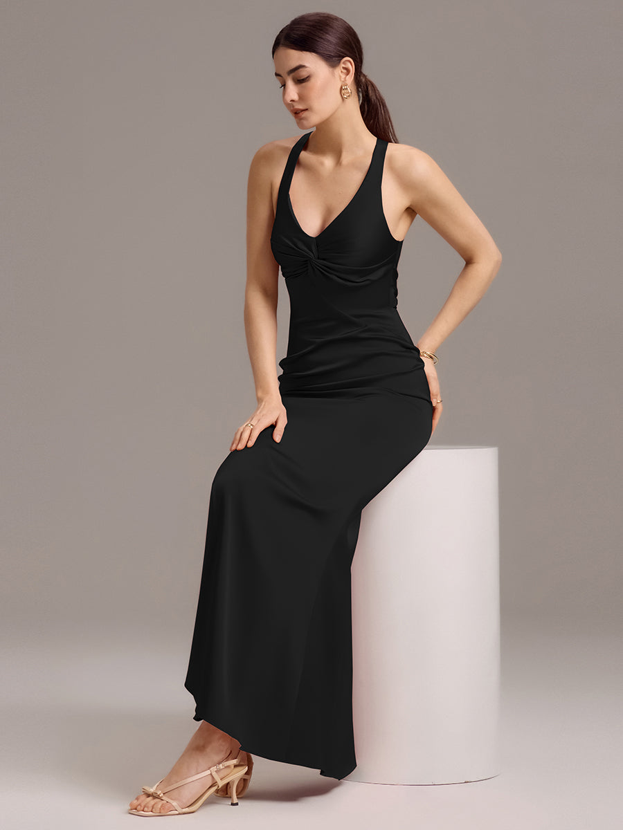 Robe de demoiselle d'honneur longue en satin avec nœud papillon croisé dans le dos #Couleur_Noir