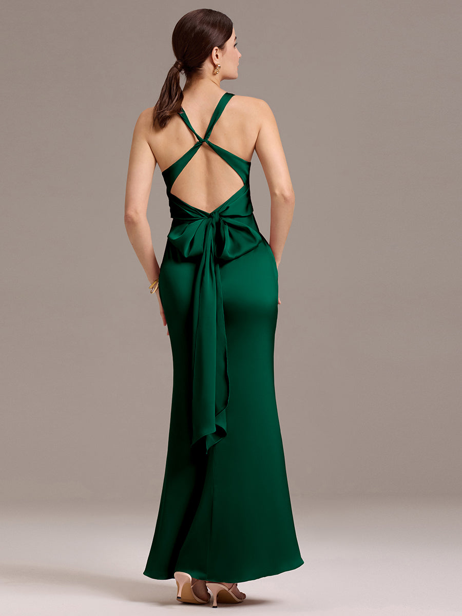 Robe de demoiselle d'honneur longue en satin avec nœud papillon croisé dans le dos #Couleur_Vert Fonce