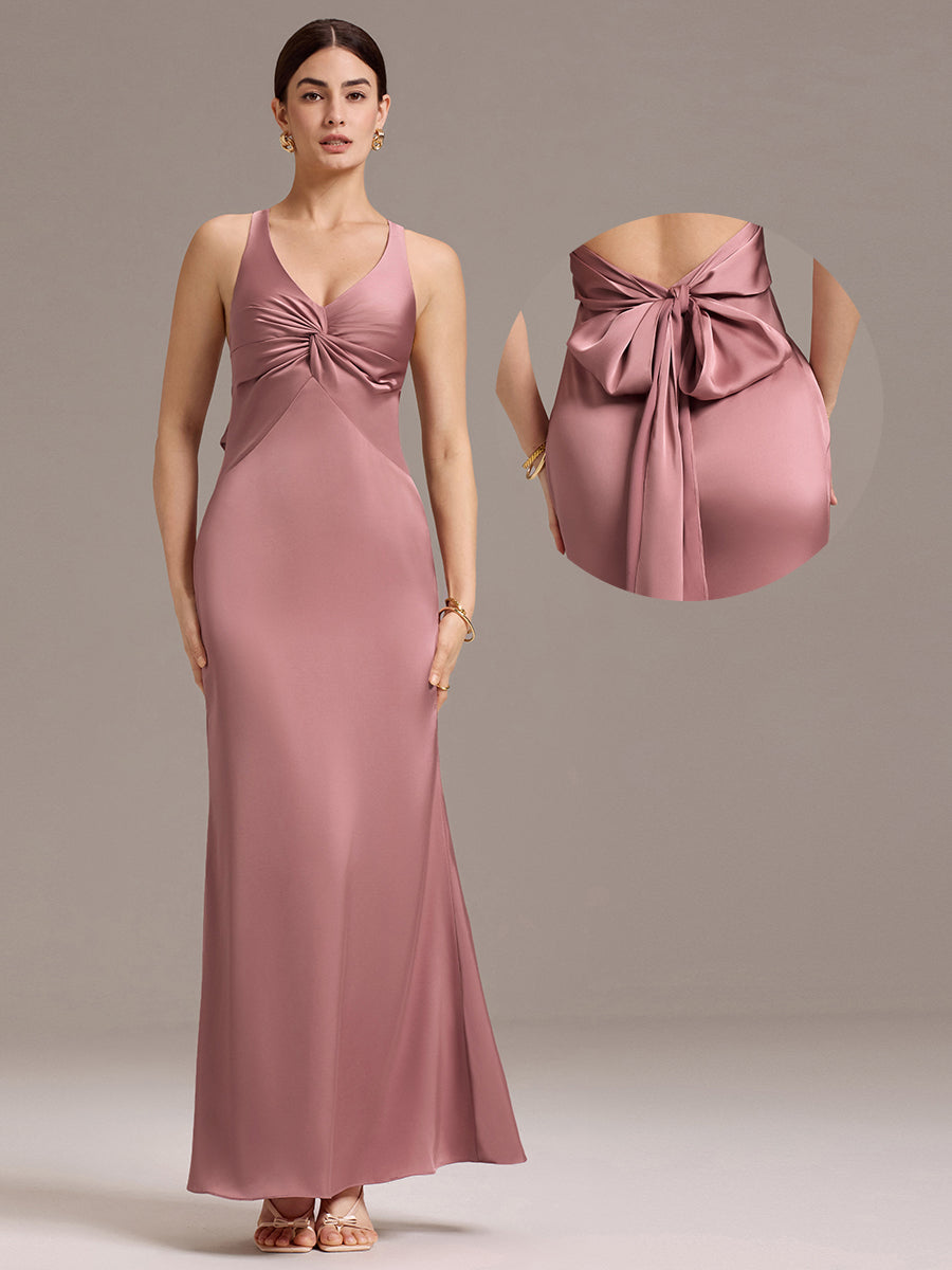Robe de demoiselle d'honneur longue en satin avec nœud papillon croisé dans le dos #Couleur_Orchidee