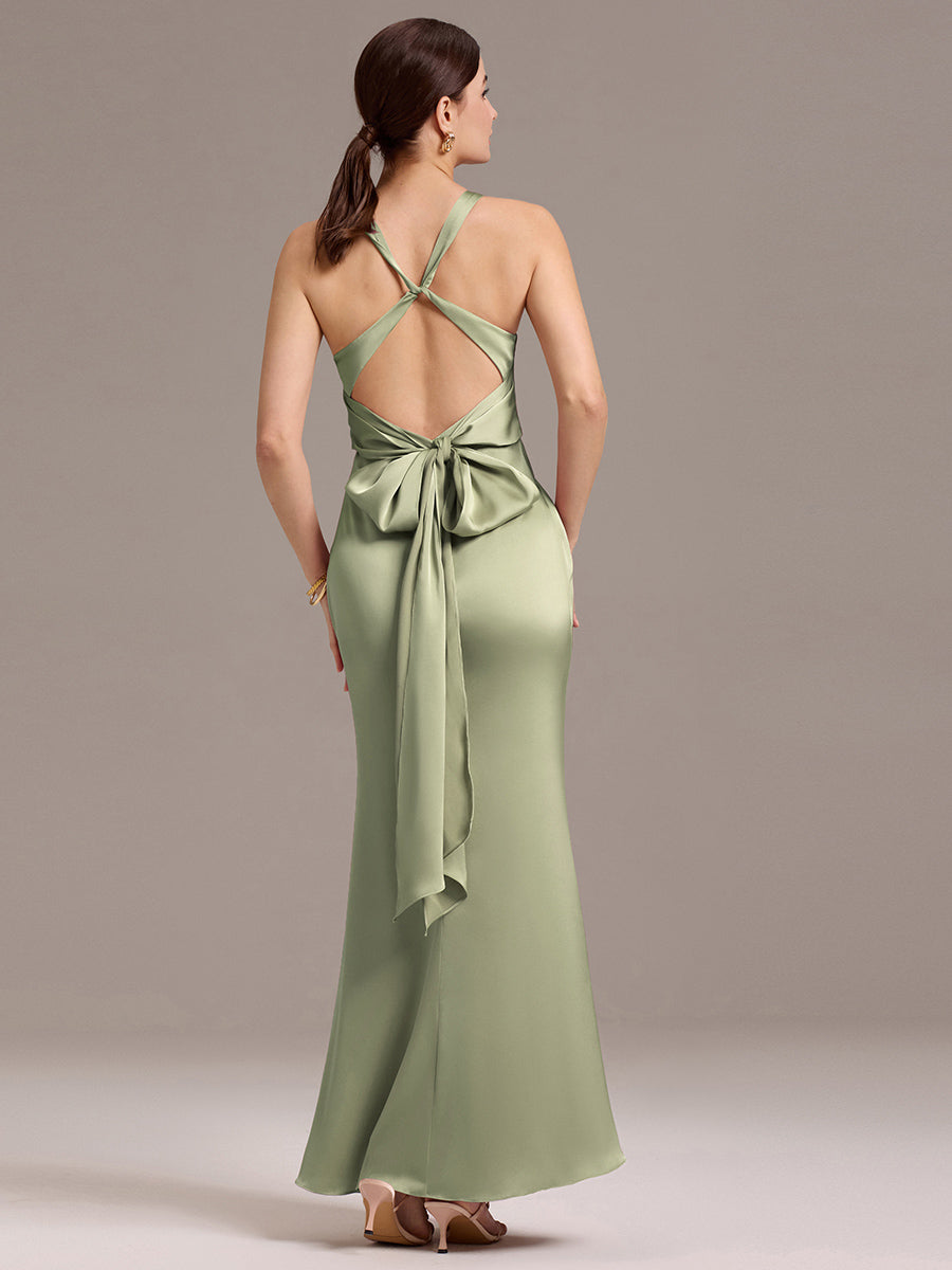 Robe de demoiselle d'honneur longue en satin avec nœud papillon croisé dans le dos #Couleur_Vert sauge