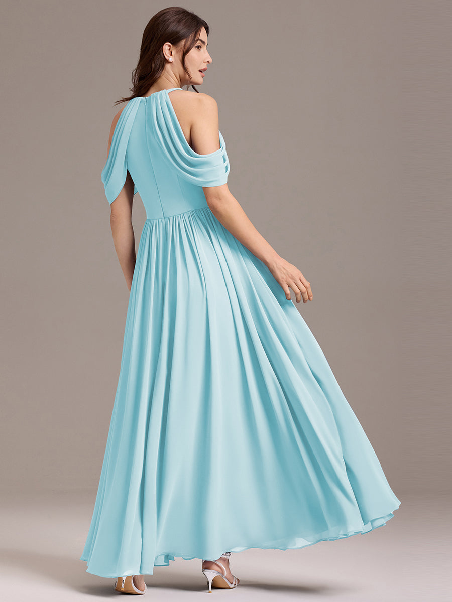 Robe de demoiselle d'honneur longue en mousseline à épaules dénudées et fente haute #Couleur_Bleu Ciel