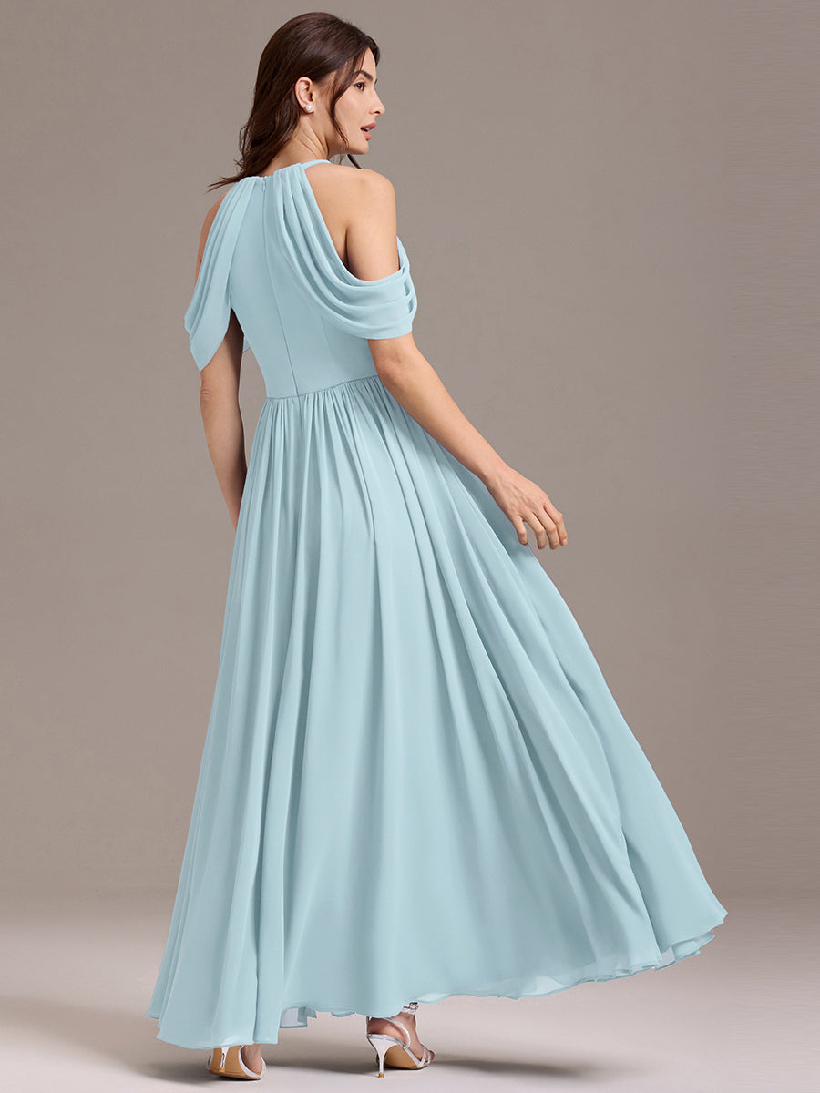 Robe de demoiselle d'honneur longue en mousseline à épaules dénudées et fente haute #Couleur_Bleu Ciel