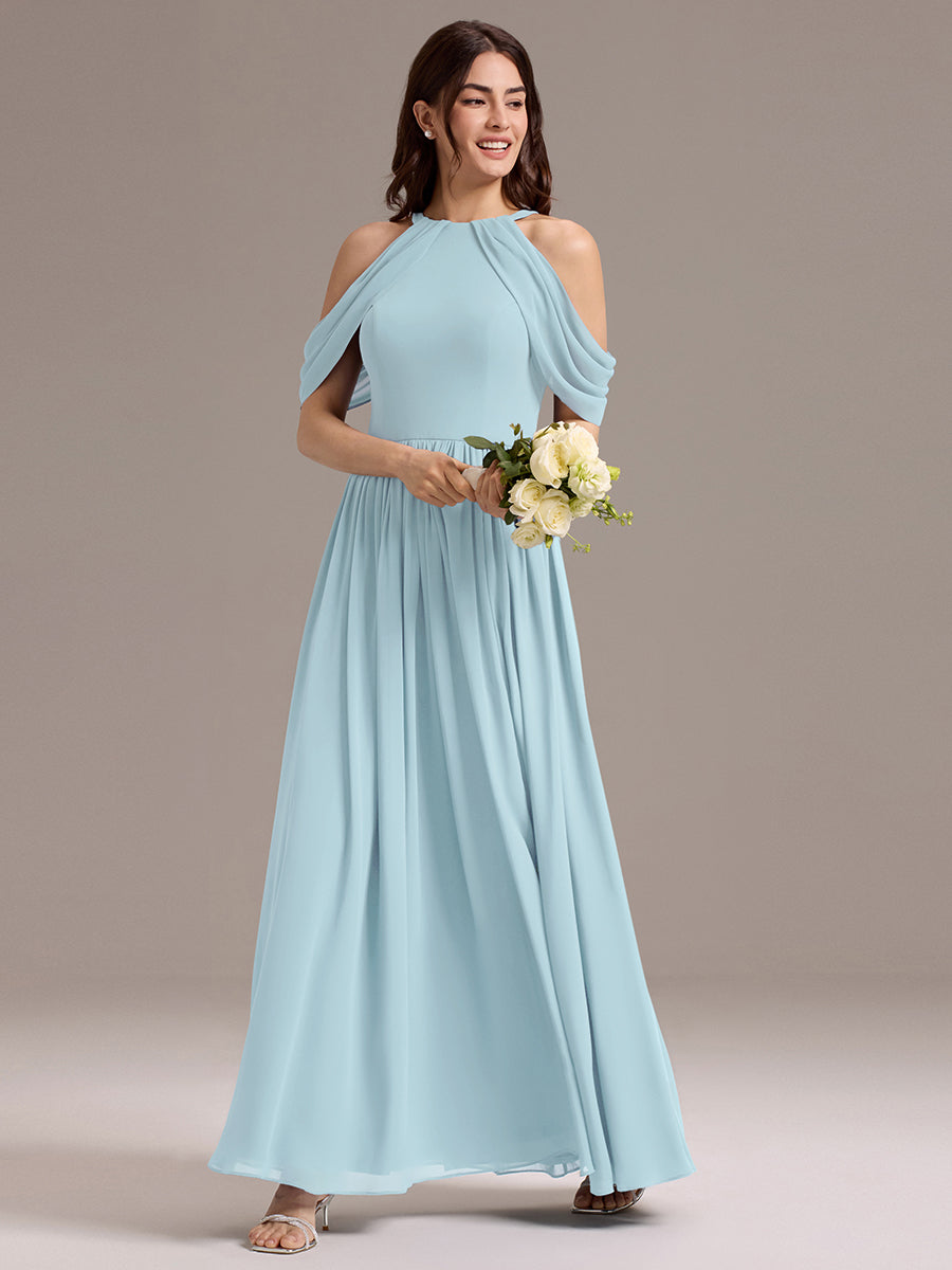 Robe de demoiselle d'honneur longue en mousseline à épaules dénudées et fente haute #Couleur_Bleu Ciel