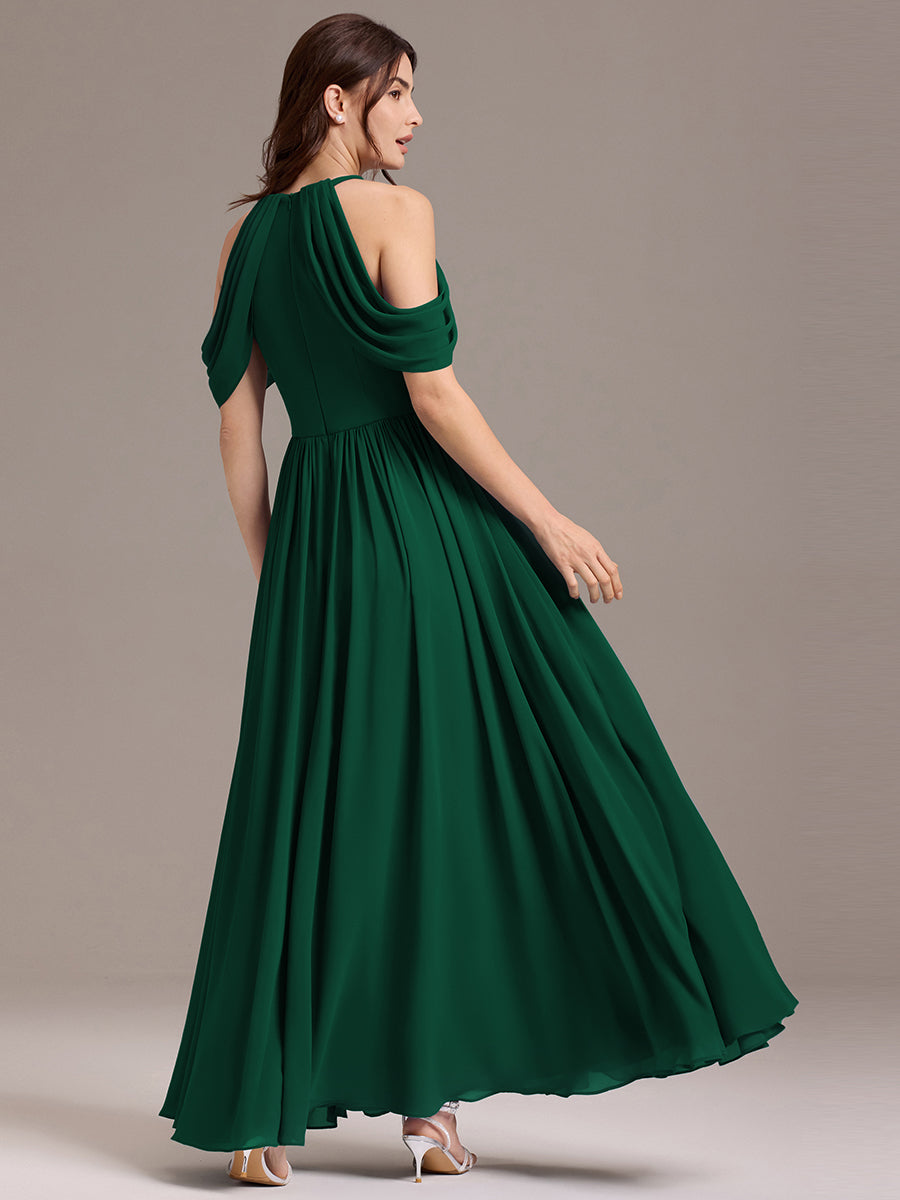 Robe de demoiselle d'honneur longue en mousseline à épaules dénudées et fente haute #Couleur_Vert Fonce