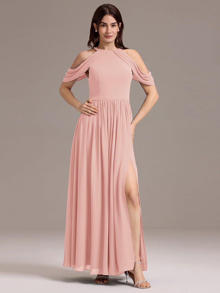 Robe de demoiselle d'honneur longue en mousseline à épaules dénudées et fente haute #Couleur_Rose
