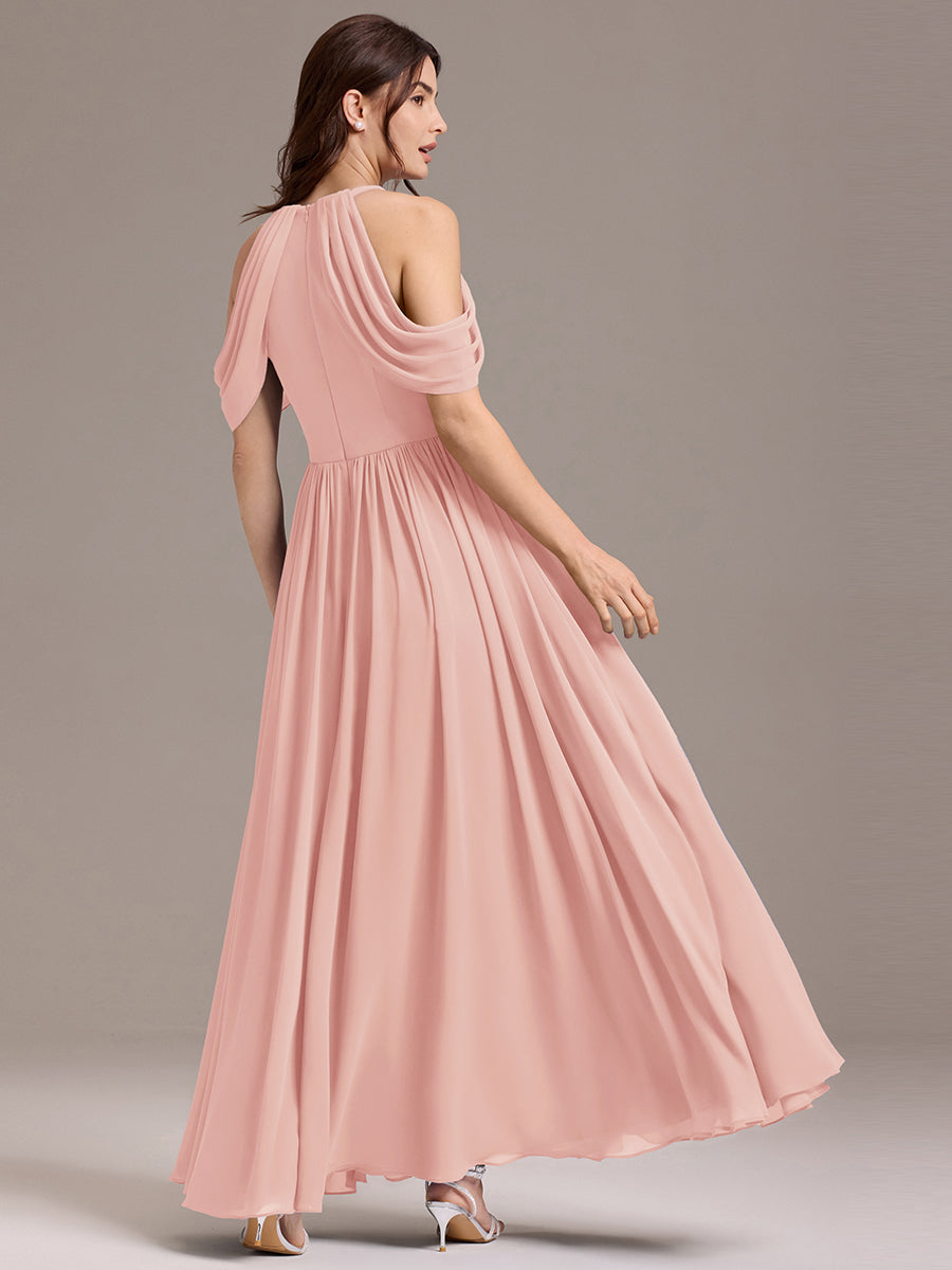 Robe de demoiselle d'honneur longue en mousseline à épaules dénudées et fente haute #Couleur_Rose